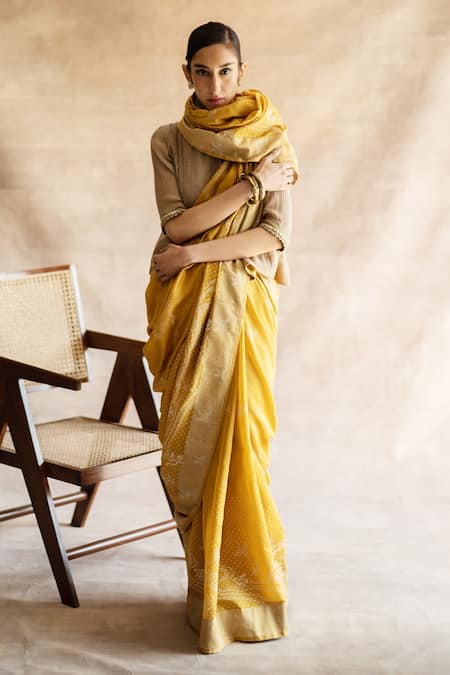 Swatti Kapoor Yellow Handwoven Chanderi Printed Block Iha Saree  