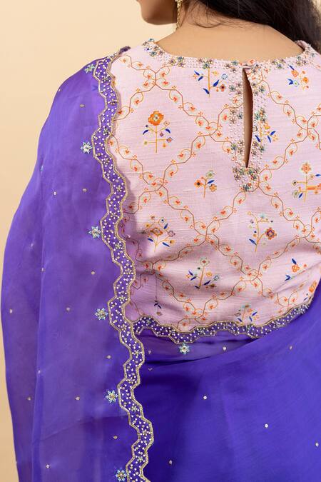 Shop_Pita Nila_Purple Silk, Satin Beads, Embroidery V-neck Soha Placement Saree With Blouse _Online_at_Aza_Fashions