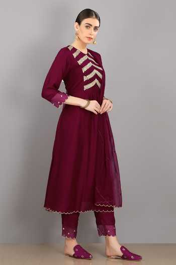 Asaga_Purple Cotton Pant Mul Cotton Dupatta Organza, Kurta Chanderi Silk Set _Online_at_Aza_Fashions