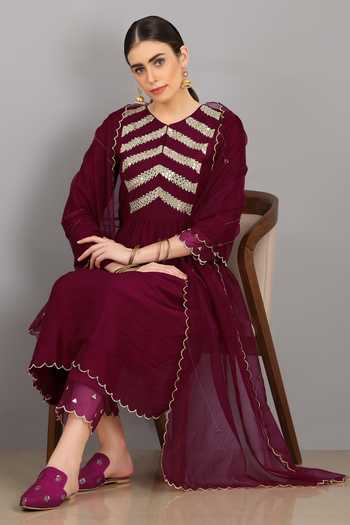 Buy_Asaga_Purple Cotton Pant Mul Cotton Dupatta Organza, Kurta Chanderi Silk Set _Online_at_Aza_Fashions