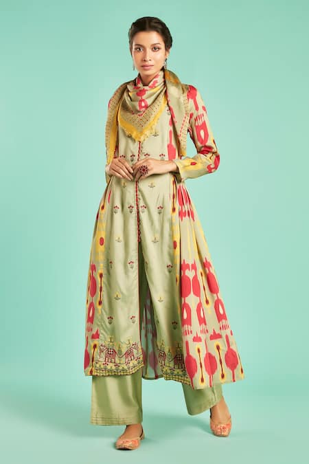 Saundh_Green Raw Silk Ikkat Print Anarkali And Pant Set_Online_at_Aza_Fashions