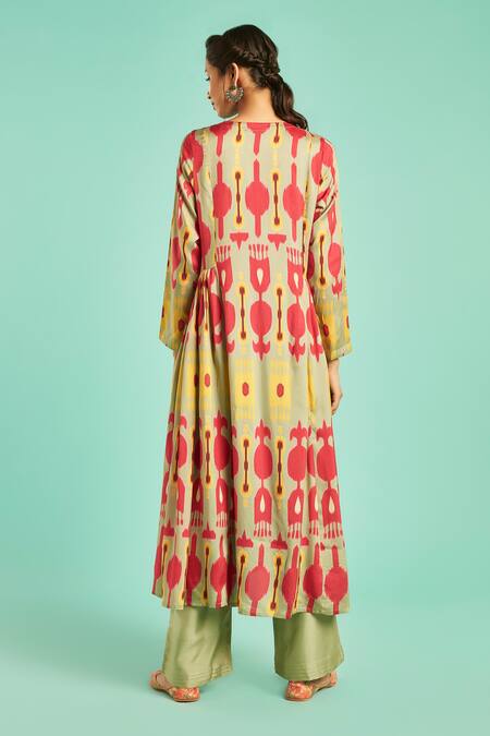 Shop_Saundh_Green Raw Silk Ikkat Print Anarkali And Pant Set_at_Aza_Fashions