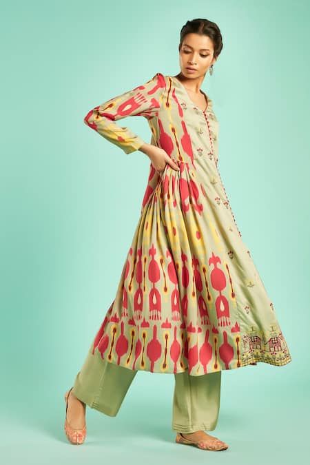 Saundh Green Raw Silk Ikkat Print Anarkali And Pant Set