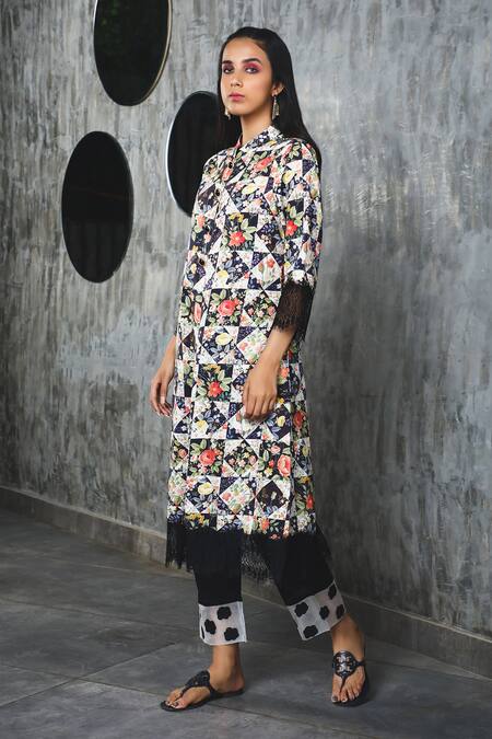 Sage Saga Black Lawn Cotton Embroidery Mandarin Collar Printed Kurta Online at Aza Fashions Sage Saga_Black Lawn Cotton Embroidery Mandarin Collar Printed Kurta_Online_at_Aza_Fashions