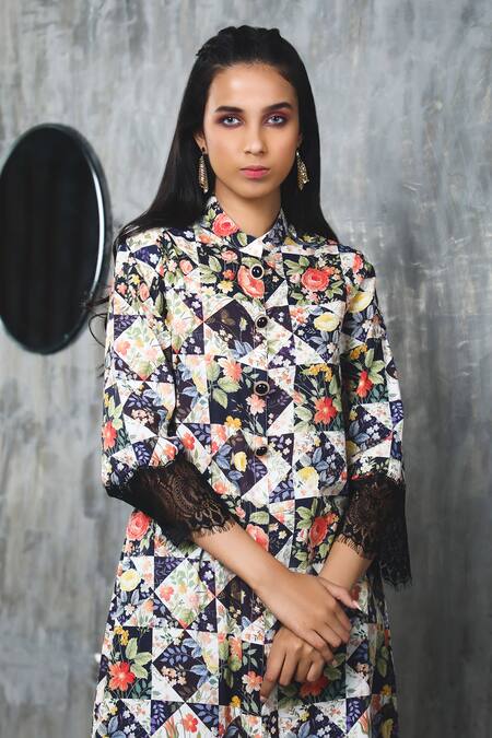 Buy Sage Saga Black Lawn Cotton Embroidery Mandarin Collar Printed Kurta Online at Aza Fashions Buy_Sage Saga_Black Lawn Cotton Embroidery Mandarin Collar Printed Kurta_Online_at_Aza_Fashions