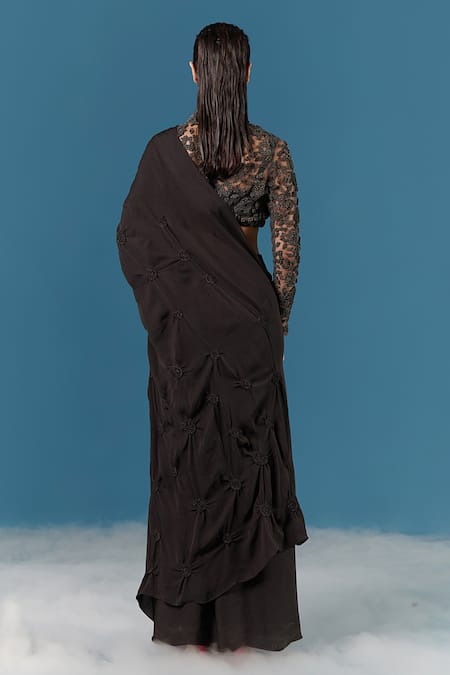 Shop Ilk Black Top Net Embroidery Sequin Round Pre-draped Saree With Blouse at Aza Fashions Shop_Ilk_Black Top Net Embroidery Sequin Round Pre-draped Saree With Blouse _at_Aza_Fashions