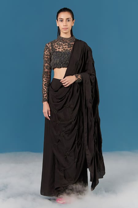 Ilk Black Top Net Embroidery Sequin Round Pre-draped Saree With Blouse Online at Aza Fashions Ilk_Black Top Net Embroidery Sequin Round Pre-draped Saree With Blouse _Online_at_Aza_Fashions