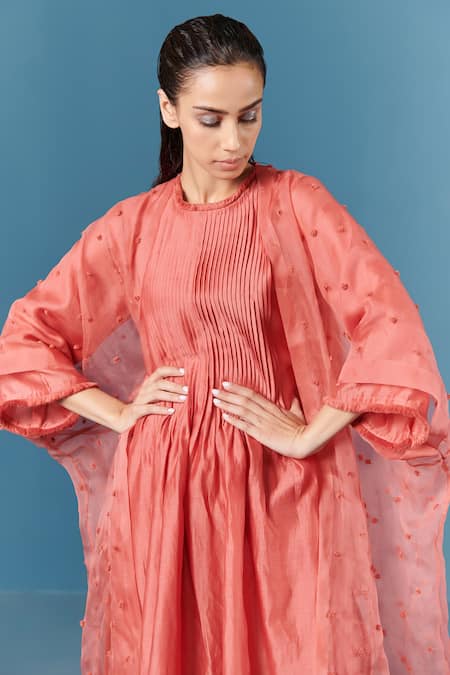 Ilk_Orange Cape Silk Organza Embroidery Cord Cape Open Kurta Set _Online_at_Aza_Fashions