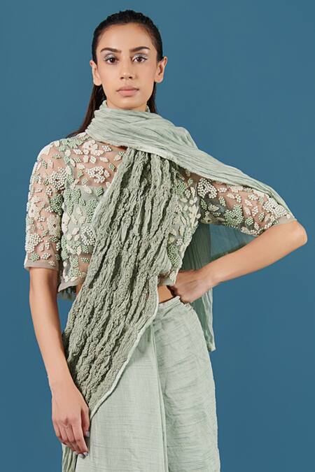 Ilk_Green Blouse Net, Saree Silk Chanderi Floral, Bead Round Pre-draped With_Online_at_Aza_Fashions
