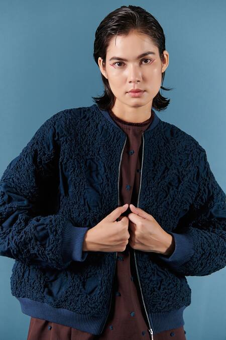 Ilk_Blue Denim Plain Open Bomber Jacket_Online_at_Aza_Fashions