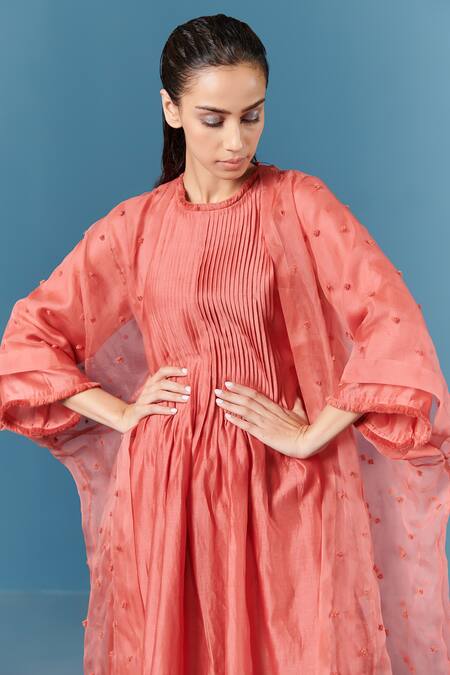 Ilk Orange Silk Organza Cord, Pompom Open Embroidered Cape 3