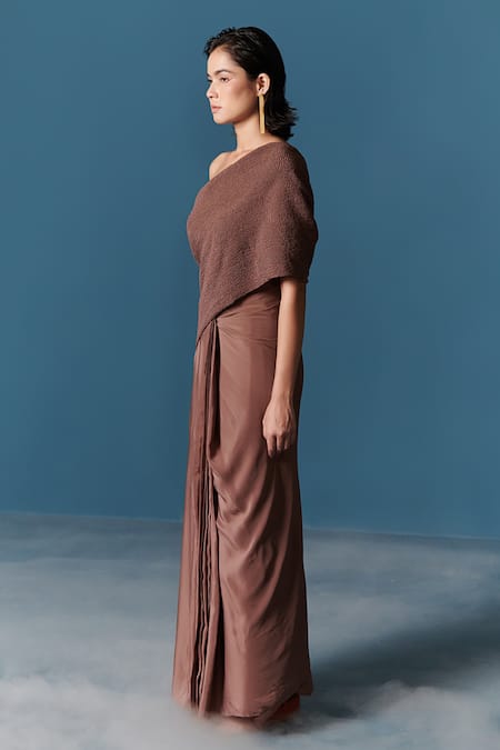 Ilk_Beige Silk Crepe Plain Asymmetric Pre-draped Saree Gown _Online_at_Aza_Fashions