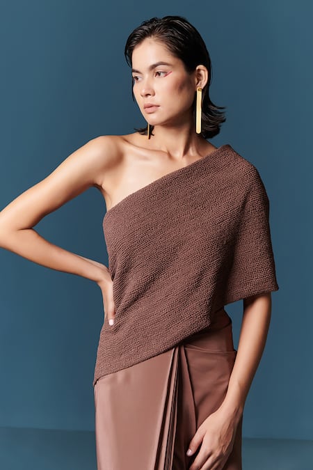 Buy_Ilk_Beige Silk Crepe Plain Asymmetric Pre-draped Saree Gown _Online_at_Aza_Fashions