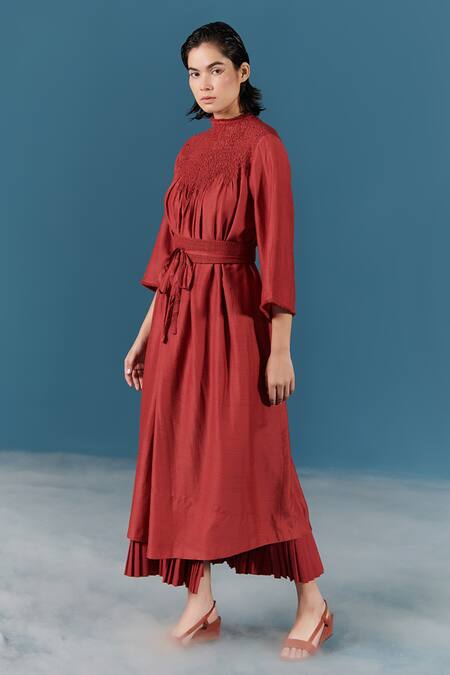 Ilk_Red Silk Plain Round High Neck Smocked Dress_Online_at_Aza_Fashions