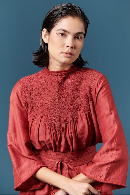 Buy_Ilk_Red Silk Plain Round High Neck Smocked Dress_Online_at_Aza_Fashions