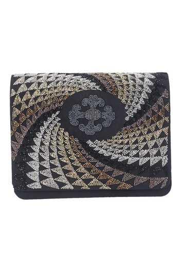 The Purple Sack_Black Embroidery Flap Clutch With Sling _Online_at_Aza_Fashions