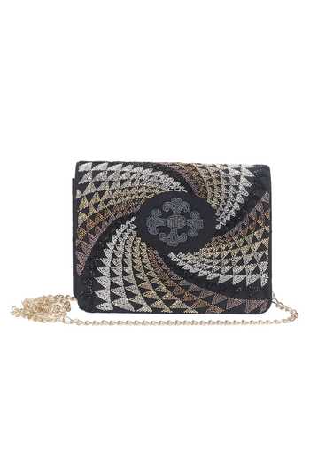 Buy_The Purple Sack_Black Embroidery Flap Clutch With Sling _Online_at_Aza_Fashions