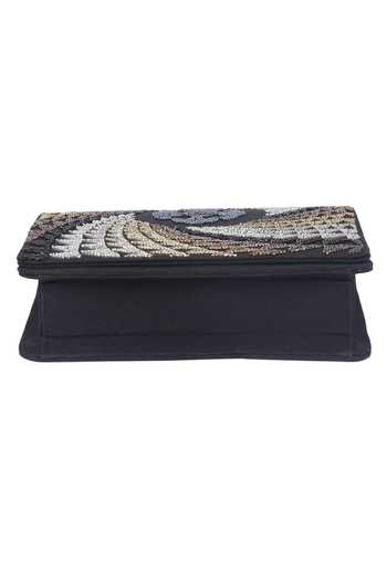 Shop_The Purple Sack_Black Embroidery Flap Clutch With Sling _Online_at_Aza_Fashions