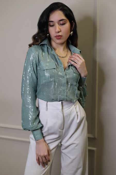 Buy_Torqadorn_Blue Georgette Embroidered Sequin Work Straight Collar Shirt