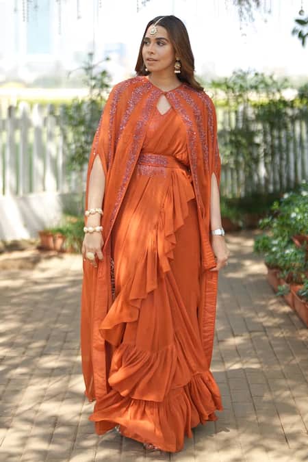 Miku Kumar Red Georgette Embroidered V Neck Pre-draped Saree With Cape