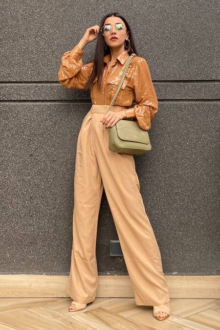 Shop_Torqadorn_Gold Georgette Embroidered Sequin Work Straight Collar Shirt_Online_at_Aza_Fashions