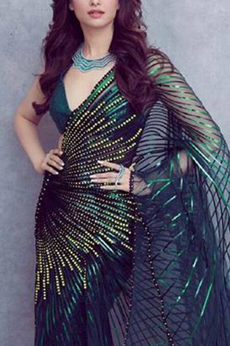 Shop_Amit Aggarwal_Green Pre-draped Saree With Blouse_at_Aza_Fashions