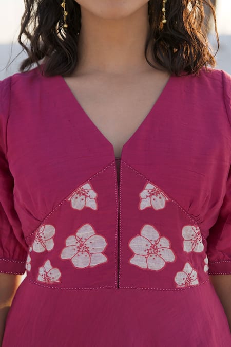 The Loom Art_Pink Chanderi Silk Embroidery V-neck V Dress _Online_at_Aza_Fashions