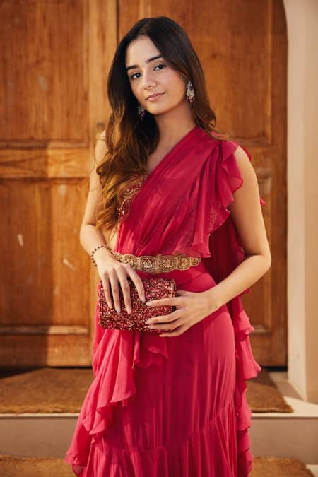 Buy Rani Pink Drape Saree With Fancy Blouse In Crepe