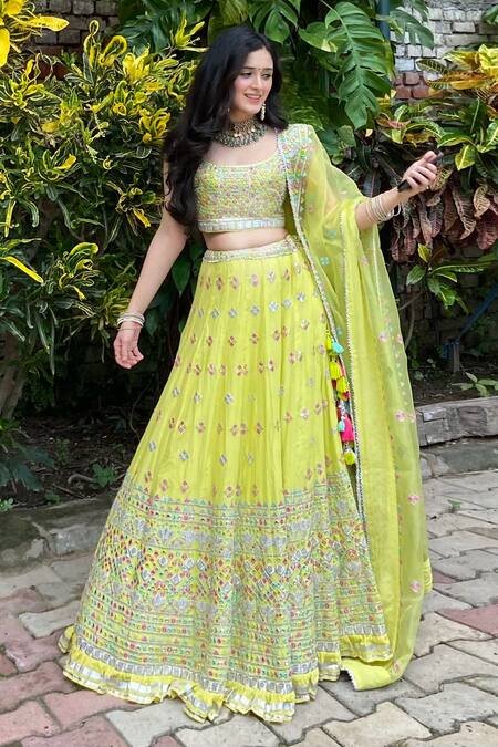 Shop_Gopi Vaid_Yellow Blouse And Lehenga Cotton Silk Cape Applique Embroidered Bridal Set _at_Aza_Fashions