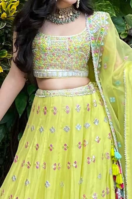 Buy_Gopi Vaid_Yellow Blouse And Lehenga Cotton Silk Cape Applique Embroidered Bridal Set _Online_at_Aza_Fashions