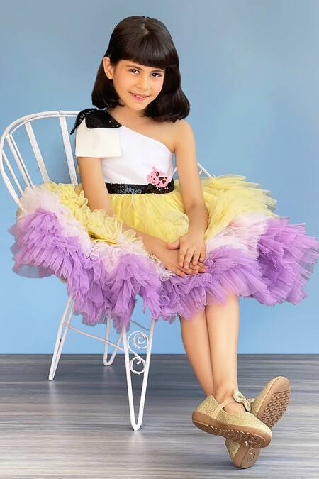 Pinkcow designs pvt ltd Multi Color Neoprene, Tulle Sequins Ruffled One-shoulder Dress Online at Aza Fashions Pinkcow designs pvt ltd_Multi Color Neoprene, Tulle Sequins Ruffled One-shoulder Dress _Online_at_Aza_Fashions
