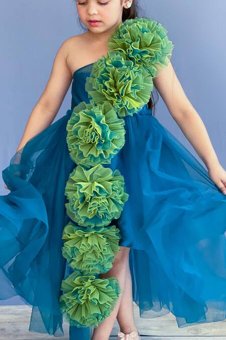 Pinkcow designs pvt ltd_Blue Taffeta, Crepe -poms Embellished One Shoulder Gown _Online_at_Aza_Fashions