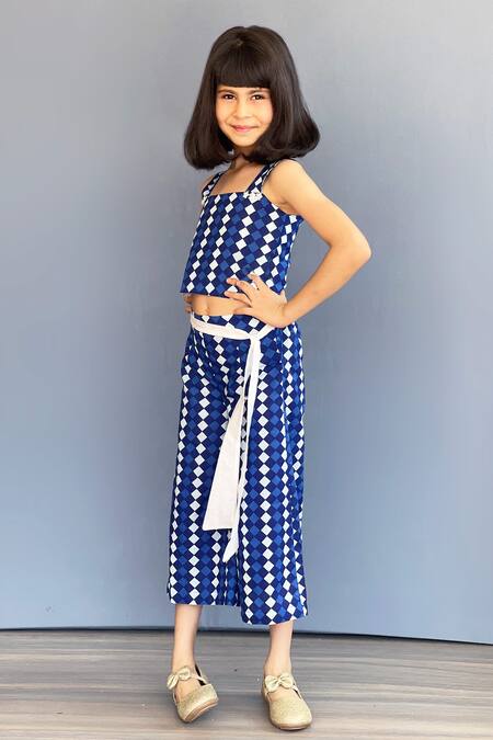 Buy_Pinkcow designs pvt ltd_Blue Cotton Printed Checkered Top And Pant Set_Online_at_Aza_Fashions