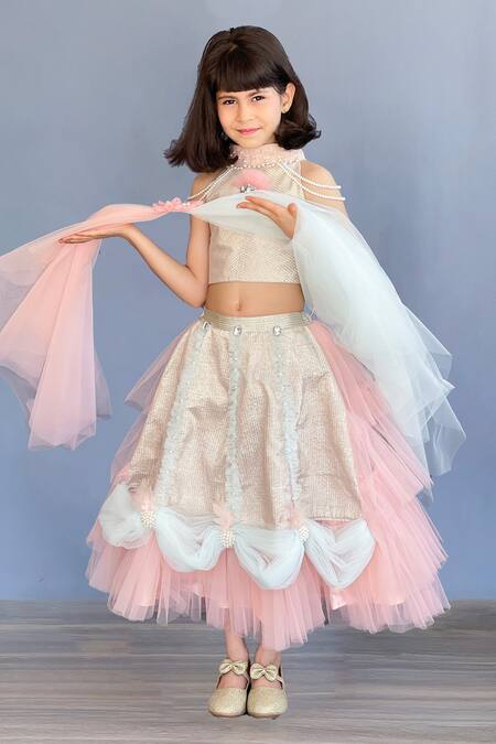 Pinkcow designs pvt ltd Peach Brocade, Tulle Pearls Embellished And Draped Lehenga Set Online at Aza Fashions Pinkcow designs pvt ltd_Peach Brocade, Tulle Pearls Embellished And Draped Lehenga Set _Online_at_Aza_Fashions