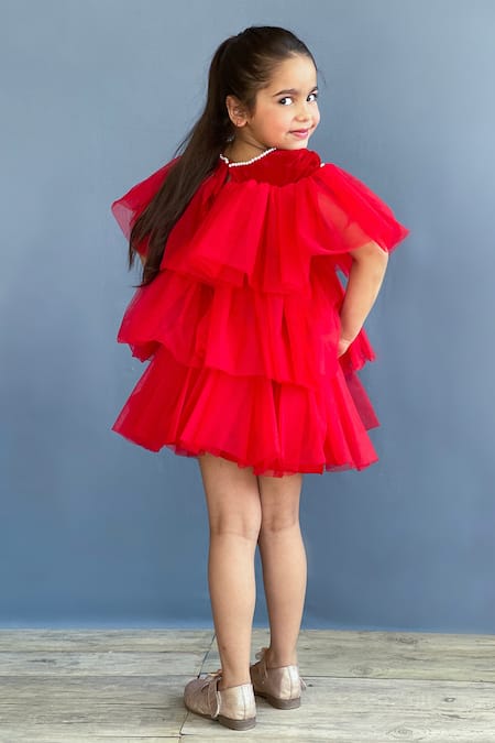 Pinkcow designs pvt ltd Red Velvet, Net, Crepe Pearls Frill Layered Dress Online at Aza Fashions Pinkcow designs pvt ltd_Red Velvet, Net, Crepe Pearls Frill Layered Dress _Online_at_Aza_Fashions