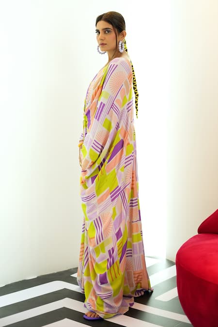 Shop_Nirmooha_Multi Color Muslin Plunge Neck Geometric Print Kaftan _Online_at_Aza_Fashions
