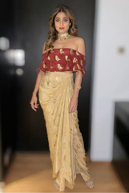 Masaba Beige Crepe Periwinkle Draped Skirt Set