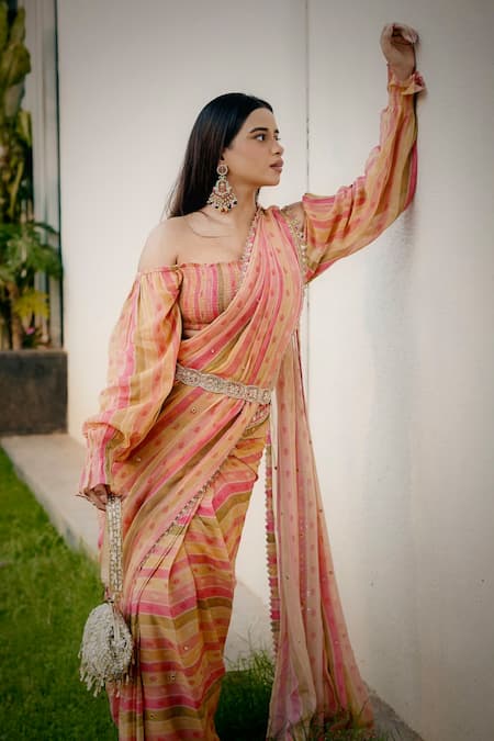 Shop_Paulmi And Harsh_Multi Color Georgette, Crepe Cut Work, Sequins, Striped Pre-draped Saree Set 