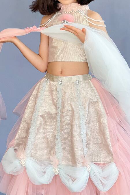 Buy Pinkcow designs pvt ltd Peach Brocade, Tulle Pearls Embellished And Draped Lehenga Set Online at Aza Fashions Buy_Pinkcow designs pvt ltd_Peach Brocade, Tulle Pearls Embellished And Draped Lehenga Set _Online_at_Aza_Fashions