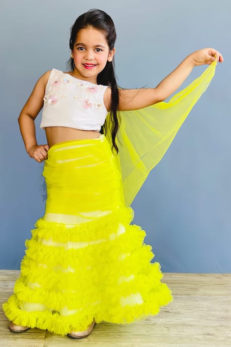 Pinkcow designs pvt ltd_White Net, Silk Sequins, Floral Embellished Top And Ruffle Mermaid Lehenga Set _Online_at_Aza_Fashions