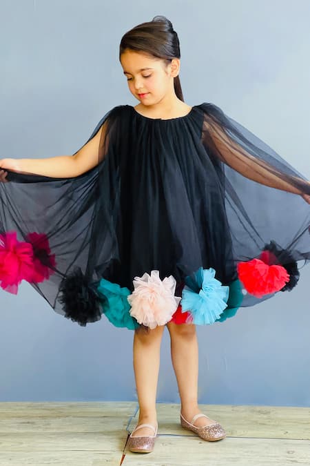 Pinkcow designs pvt ltd_Black Neoprene, Tulle -poms Embellished Layered Dress _Online_at_Aza_Fashions