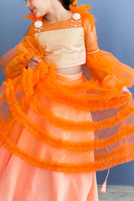 Buy Pinkcow designs pvt ltd Orange Net, Crepe, Brocade Pearls, Feathers Embellished Top And Frill Lehenga Set Online at Aza Fashions Buy_Pinkcow designs pvt ltd_Orange Net, Crepe, Brocade Pearls, Feathers Embellished Top And Frill Lehenga Set _Online_at_Aza_Fashions