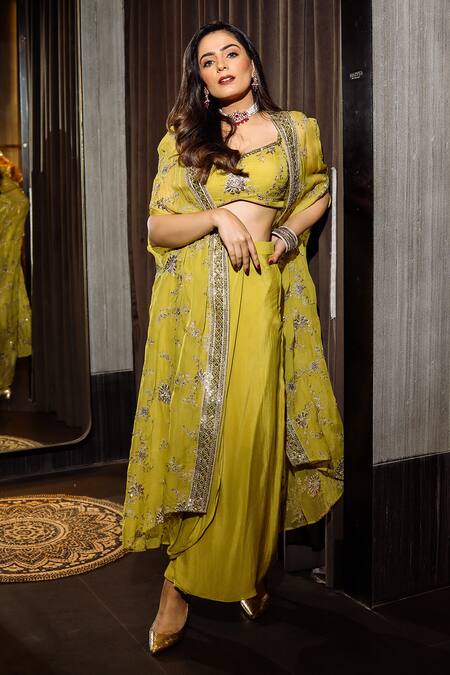 Shop_Basanti - Kapde Aur Koffee_Yellow Viscose, Crepe Sequins, Zari Sweetheart Embroidered Cape Draped Skirt Set