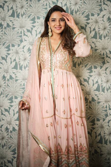 Shop Gopi Vaid Pink Georgette, Lycra And Net Ikat & Sequin V Neck Aziza Anarkali Set at Aza Fashions Shop_Gopi Vaid_Pink Georgette, Lycra And Net Ikat & Sequin V Neck Aziza Anarkali Set_at_Aza_Fashions