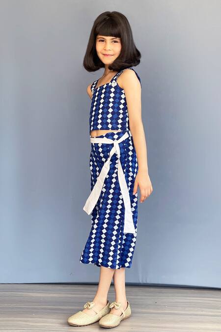 Shop_Pinkcow designs pvt ltd_Blue Cotton Printed Checkered Top And Pant Set_Online_at_Aza_Fashions