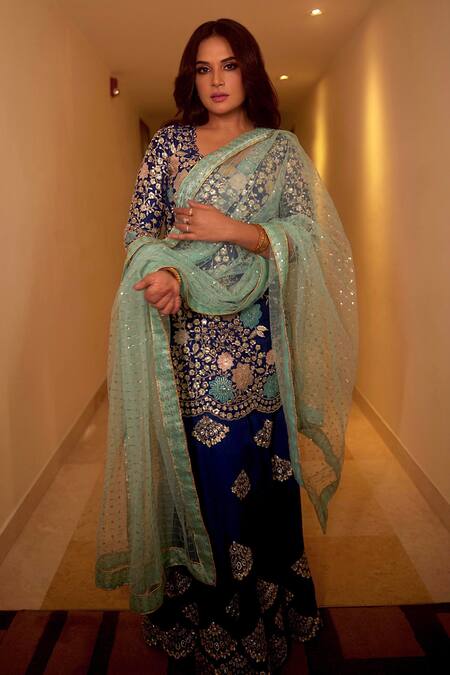 Buy Osaa By Adarsh Blue Mulberry Silk Thread And Sequin, Floral Embroidered Kurta Sharara Set Online at Aza Fashions Buy_Osaa By Adarsh_Blue Mulberry Silk Thread And Sequin, Floral Embroidered Kurta Sharara Set _Online_at_Aza_Fashions