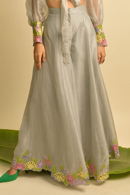 Shop_Karishma Khanduja Bareilly_Grey Organza, Shantoon V Neck Crop Top And Palazzo Set_Online_at_Aza_Fashions