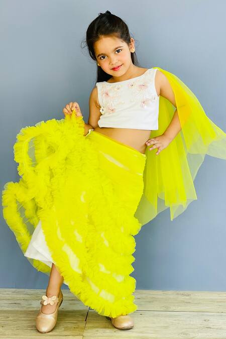 Buy_Pinkcow designs pvt ltd_White Net, Silk Sequins, Floral Embellished Top And Ruffle Mermaid Lehenga Set _Online_at_Aza_Fashions