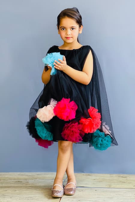 Buy_Pinkcow designs pvt ltd_Black Neoprene, Tulle -poms Embellished Layered Dress _Online_at_Aza_Fashions
