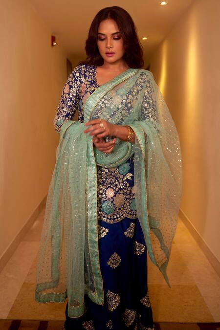 Buy Osaa By Adarsh Blue Mulberry Silk Thread And Sequin, Floral Embroidered Kurta Sharara Set Buy_Osaa By Adarsh_Blue Mulberry Silk Thread And Sequin, Floral Embroidered Kurta Sharara Set